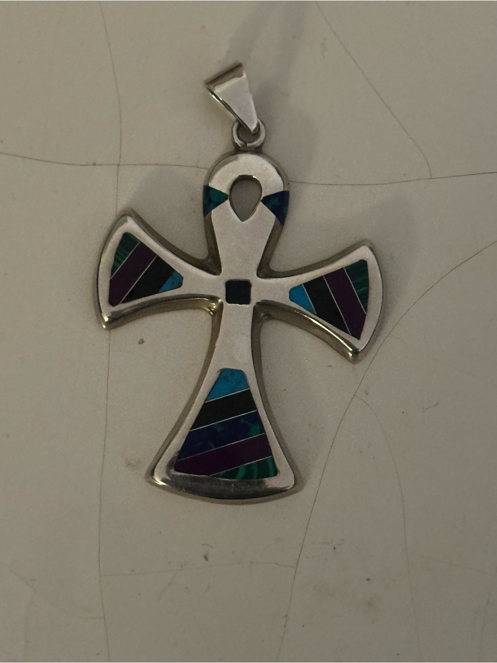 Large Vintage Mexico Sterling Silver Pendant Inlay Stone Egyptian Ankh .925